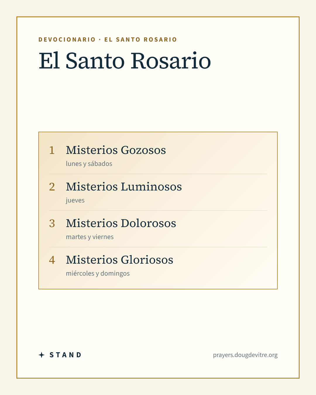 Tarjeta para compartir del Rosario, con los cuatro grupos de misterios y los días en que se rezan