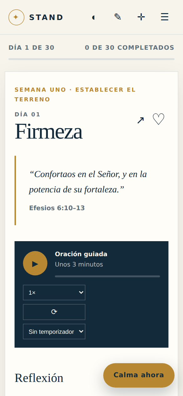 El día 1 del camino, titulado Firmeza, con Efesios 6:10-13 en la Reina-Valera 1909 y un reproductor de oración guiada con velocidad, repetición y temporizador.