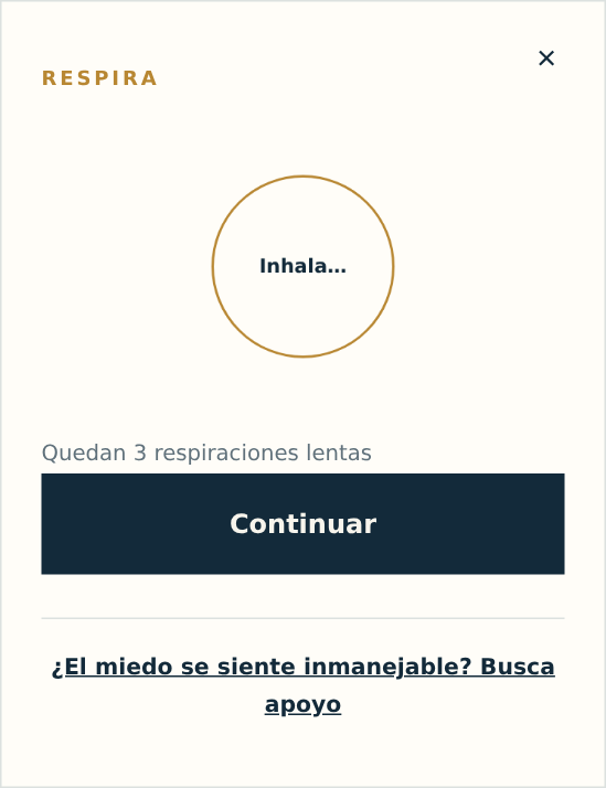 La pantalla de calma: un círculo dorado de respiración, el texto que indica cuántas respiraciones lentas quedan, un botón para continuar y un enlace a apoyo en crisis.
